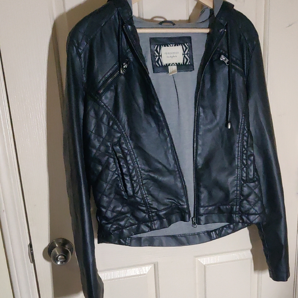 Forever 21 Dark Leather Jacket with Quilted Detail